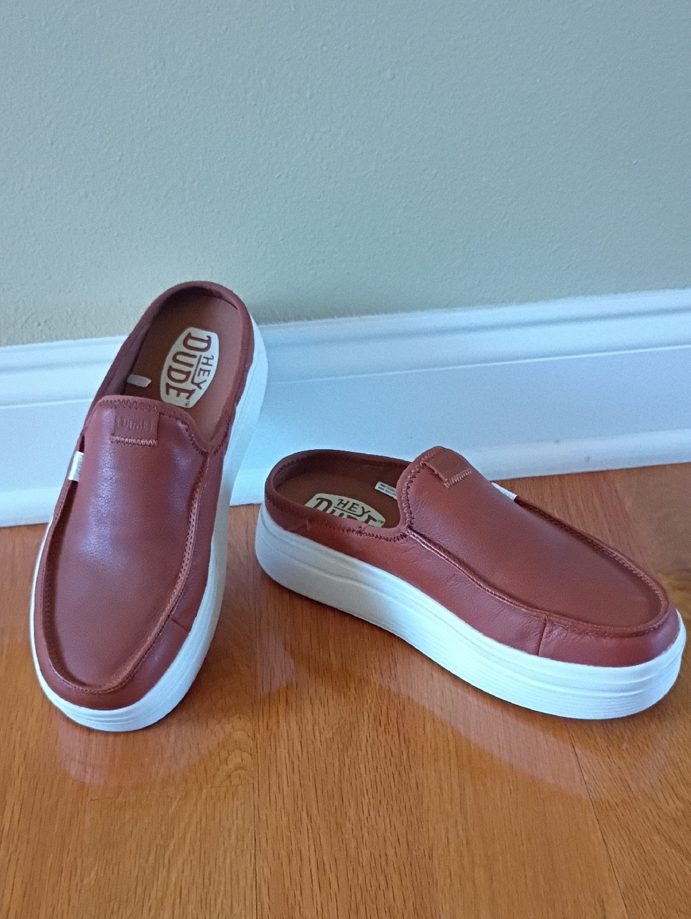 Hey Dude Women's Slip-On Loafers in Chestnut Brown with White Platform
